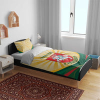 Lithuania flag bedding set on single bed with coat of arms emblem and “YOUR TEXT”