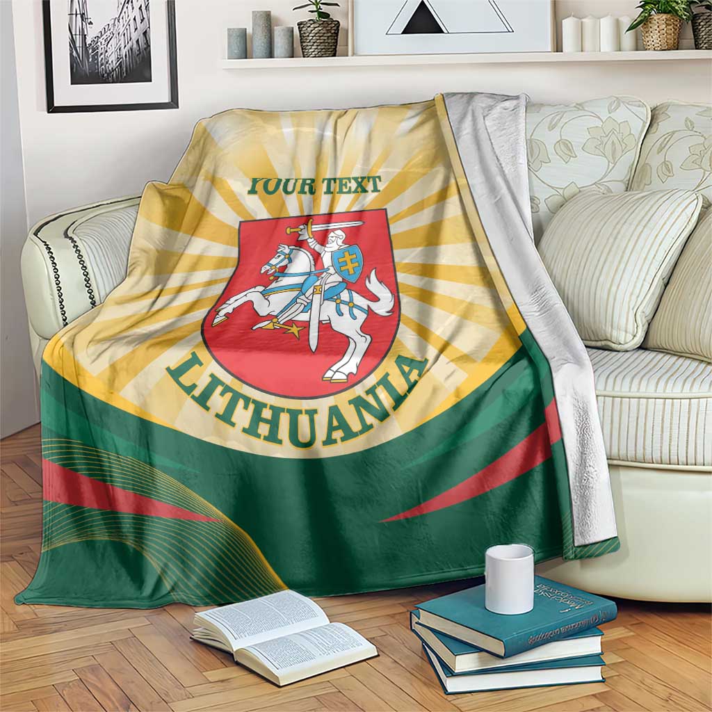 Personalized Lithuania coat of arms blanket, yellow sunburst, green stripes, red crest and your text