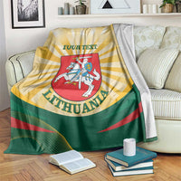 Personalized Lithuania coat of arms blanket, yellow sunburst, green stripes, red crest and your text