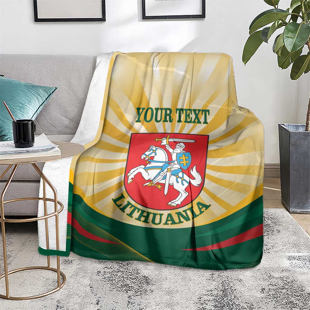 Personalized Lithuania coat of arms blanket on floor, yellow sunburst, green stripes, red crest