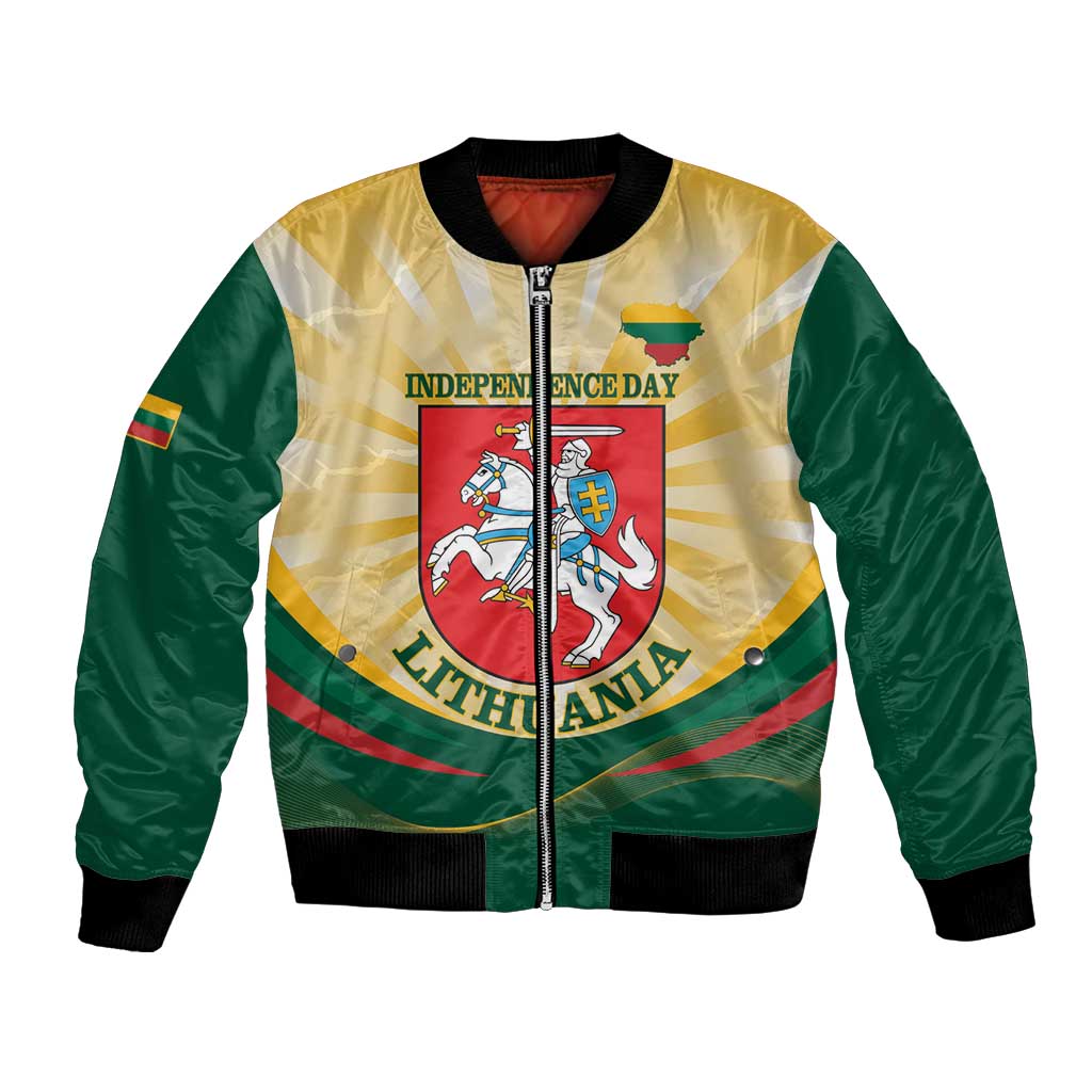 Yellow and green bomber jacket with full zipper, Lithuania coat of arms and Independence Day print