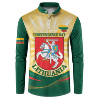 Green button sweatshirt with Independence Day graphic and Lithuania crest, long sleeves
