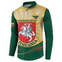 Green button sweatshirt with yellow sunburst panel, Independence Day and Lithuania crest