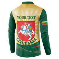 Green button sweatshirt back with "YOUR TEXT" above Lithuania crest graphic, long sleeves