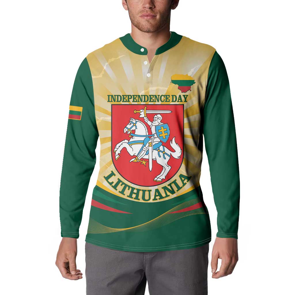 Green button sweatshirt worn front with Independence Day graphic and Lithuania crest, long sleeves