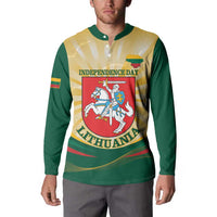 Green button sweatshirt worn front with Independence Day graphic and Lithuania crest, long sleeves