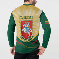 Green button sweatshirt back with "YOUR TEXT" and Lithuania crest, long sleeves