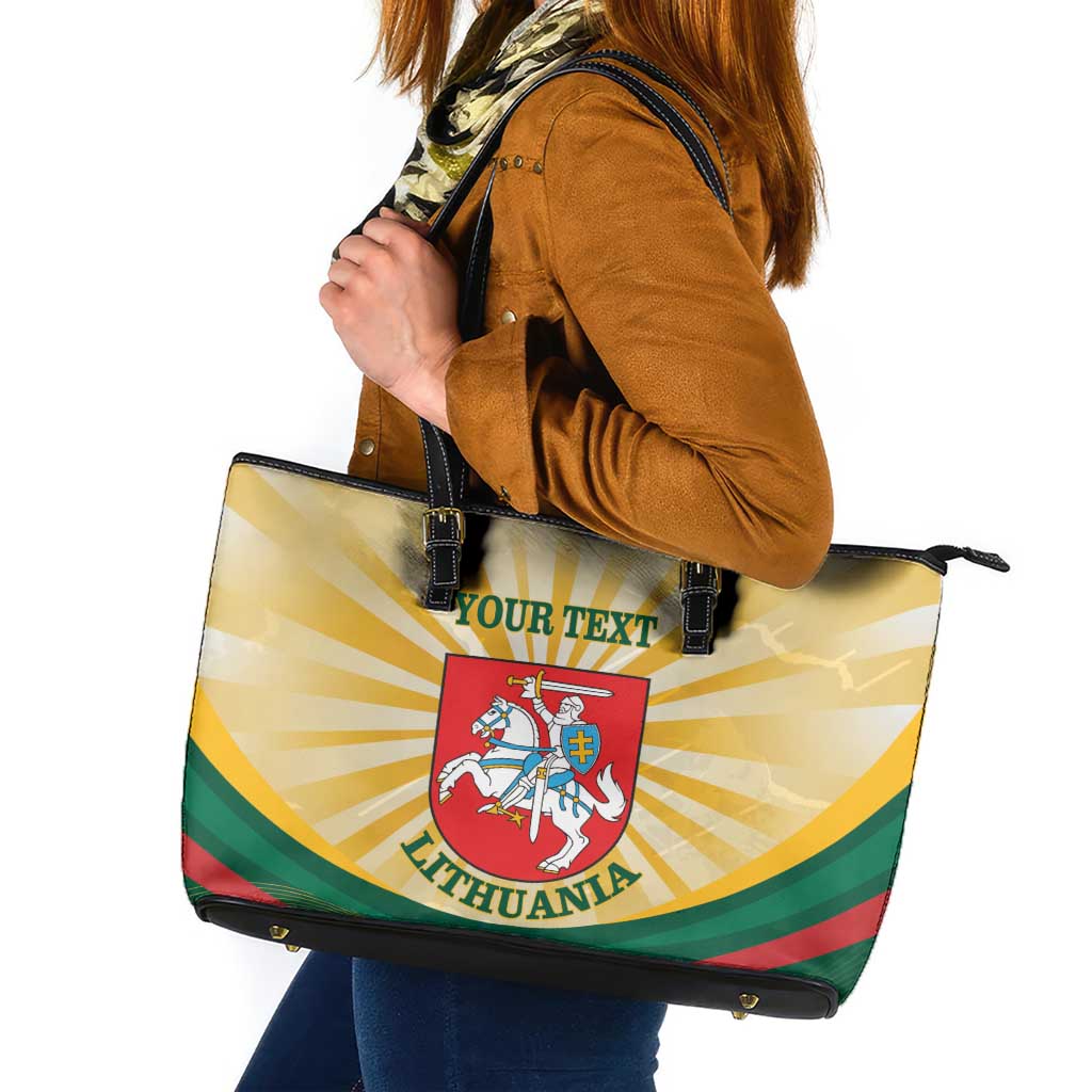 Lithuania coat-of-arms leather tote bag with yellow rays, green red trim, black handles