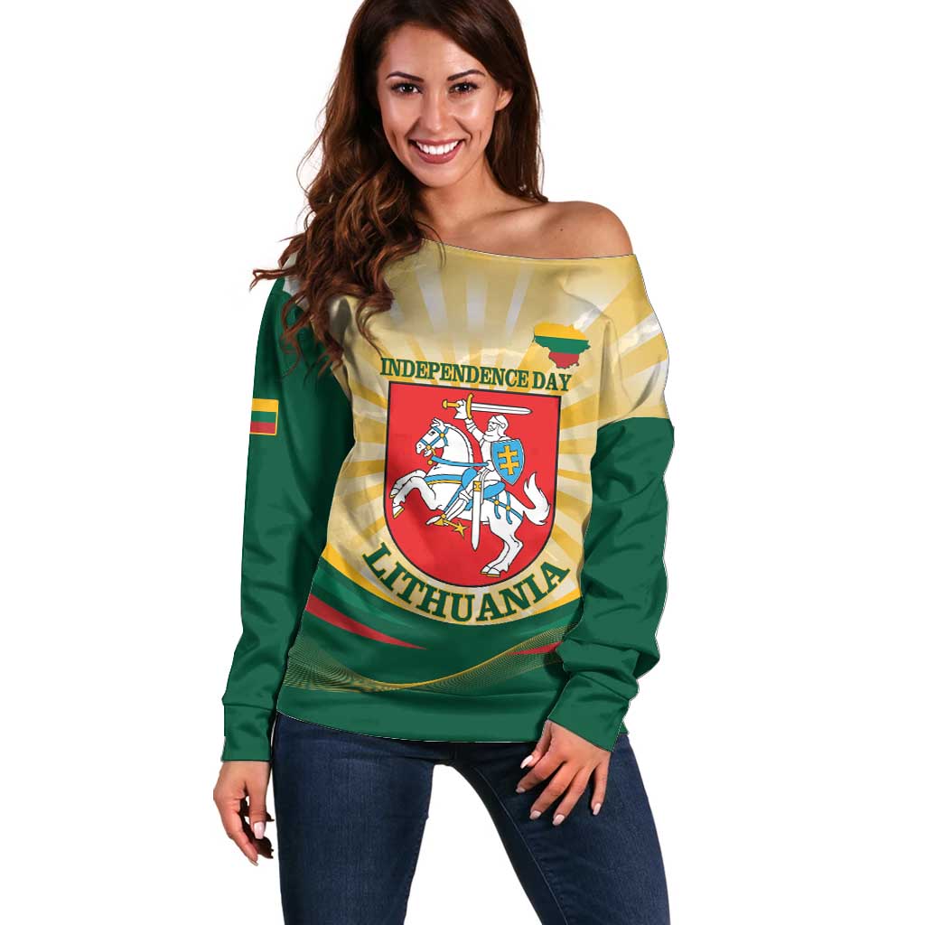 Personalised Lithuania Independence Day Off Shoulder Sweater Coat Of Arms Proud