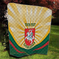 Square Lithuania quilt blanket, yellow and white diamond quilting, green bottom and red trim, crest