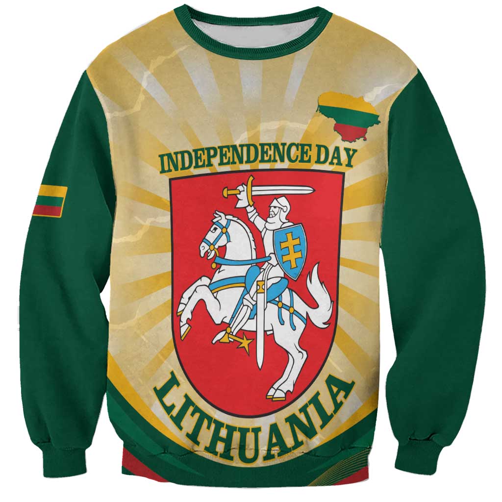 Yellow and green sweatshirt with Independence Day coat of arms graphic, Lithuania text