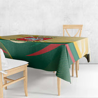 Rectangular Lithuania Independence Day tablecloth draped over bench with coat of arms
