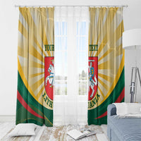 Lithuania independence window curtain with coat of arms crest, yellow-green-red rays, “YOUR TEXT”