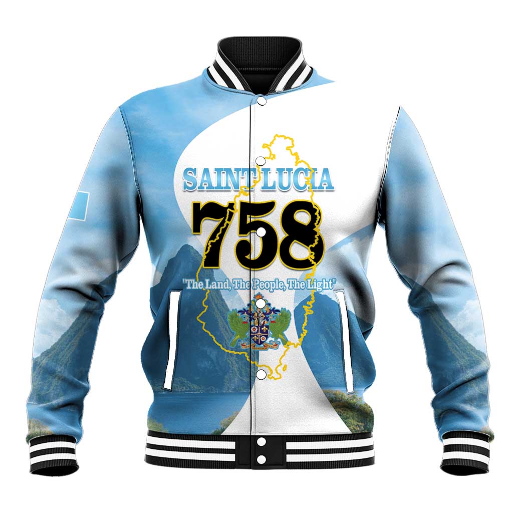 Blue/white varsity baseball jacket with ribbed collar, striped cuffs, map graphic
