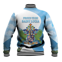 Back of blue/white varsity baseball jacket with ribbed hem and Saint Lucia crest graphic