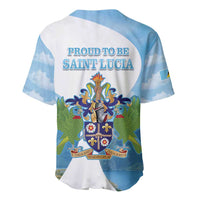 White and light blue baseball jersey back with Proud To Be Saint Lucia text
