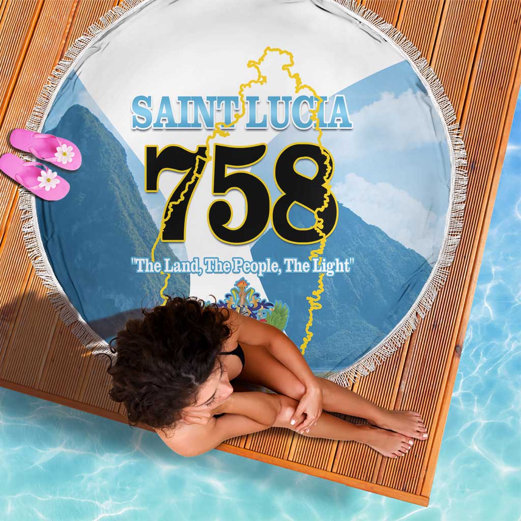 Round beach blanket with Saint Lucia 758 map print and white fringe edge