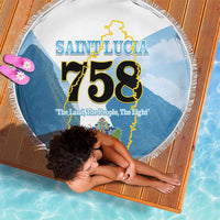 Round beach blanket with Saint Lucia 758 map print and white fringe edge