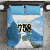 Blue and white bedding set with Saint Lucia map graphic and two matching pillowcases