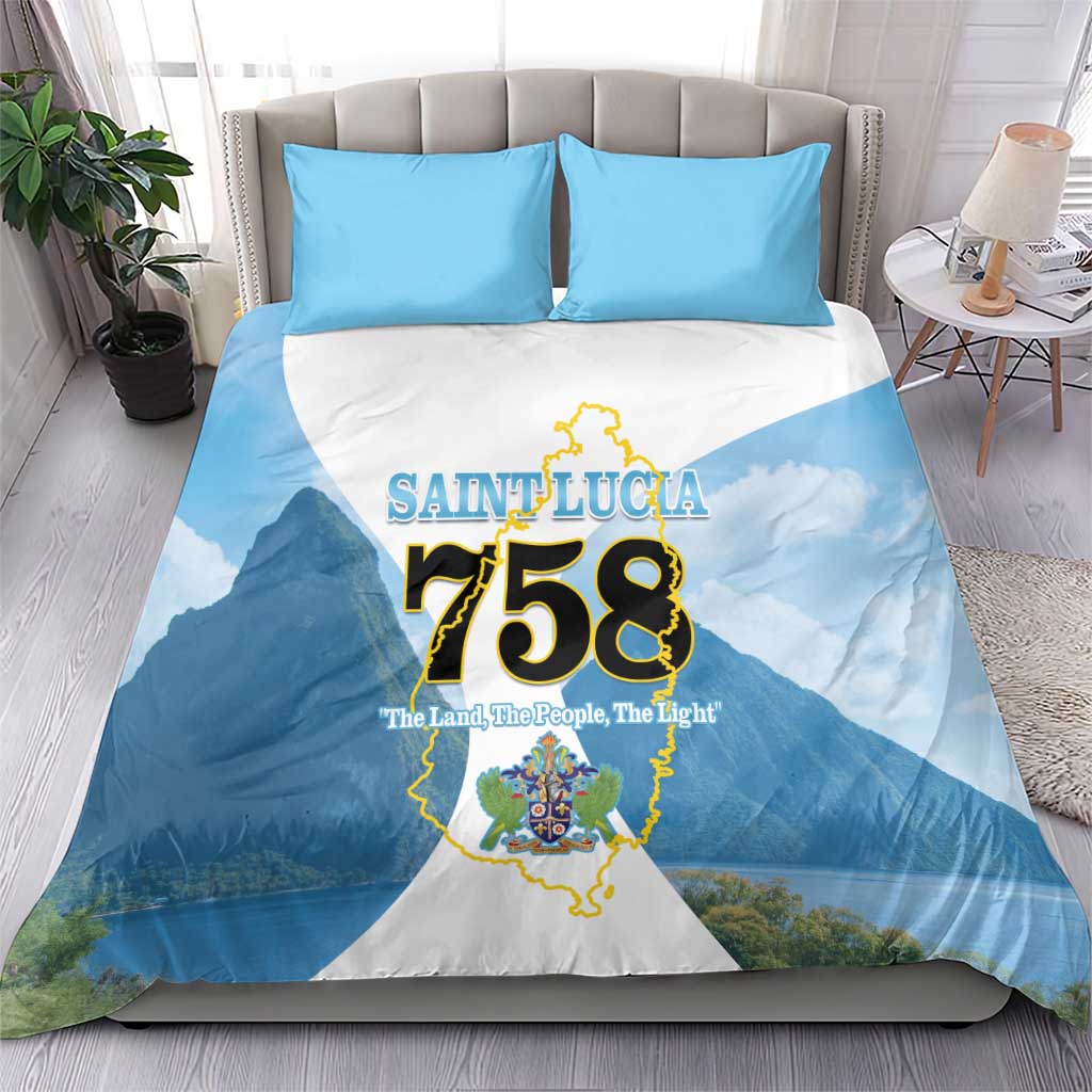 Blue and white bedding set with Saint Lucia 758 map graphic and two pillowcases