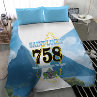 Blue and white bedding set with Saint Lucia 758 map graphic on duvet and two pillows