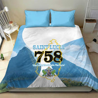 Blue and white bedding set featuring Saint Lucia 758 map graphic on duvet and pillows