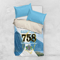 Blue and white bedding set with Saint Lucia 758 map graphic, two pillowcases shown