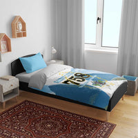 Blue and white duvet with Saint Lucia 758 map graphic plus two matching pillowcases