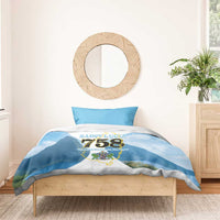 Blue and white duvet with Saint Lucia 758 map graphic and two light blue pillowcases