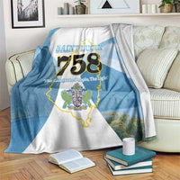Blue and white Saint Lucia 758 blanket with country map and piton silhouette graphic