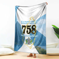 Saint Lucia 758 throw blanket draped open, blue-and-white with map crest design