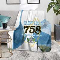 Saint Lucia 758 blanket in blue and white with map artwork, on living room chair