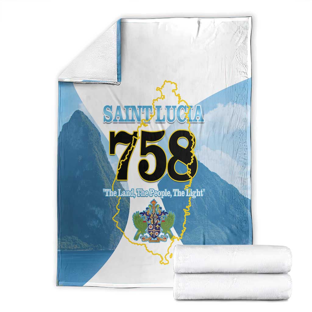 Folded Saint Lucia 758 blanket, blue and white with map and crest design
