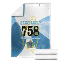 Folded Saint Lucia 758 blanket, blue and white with map and crest design