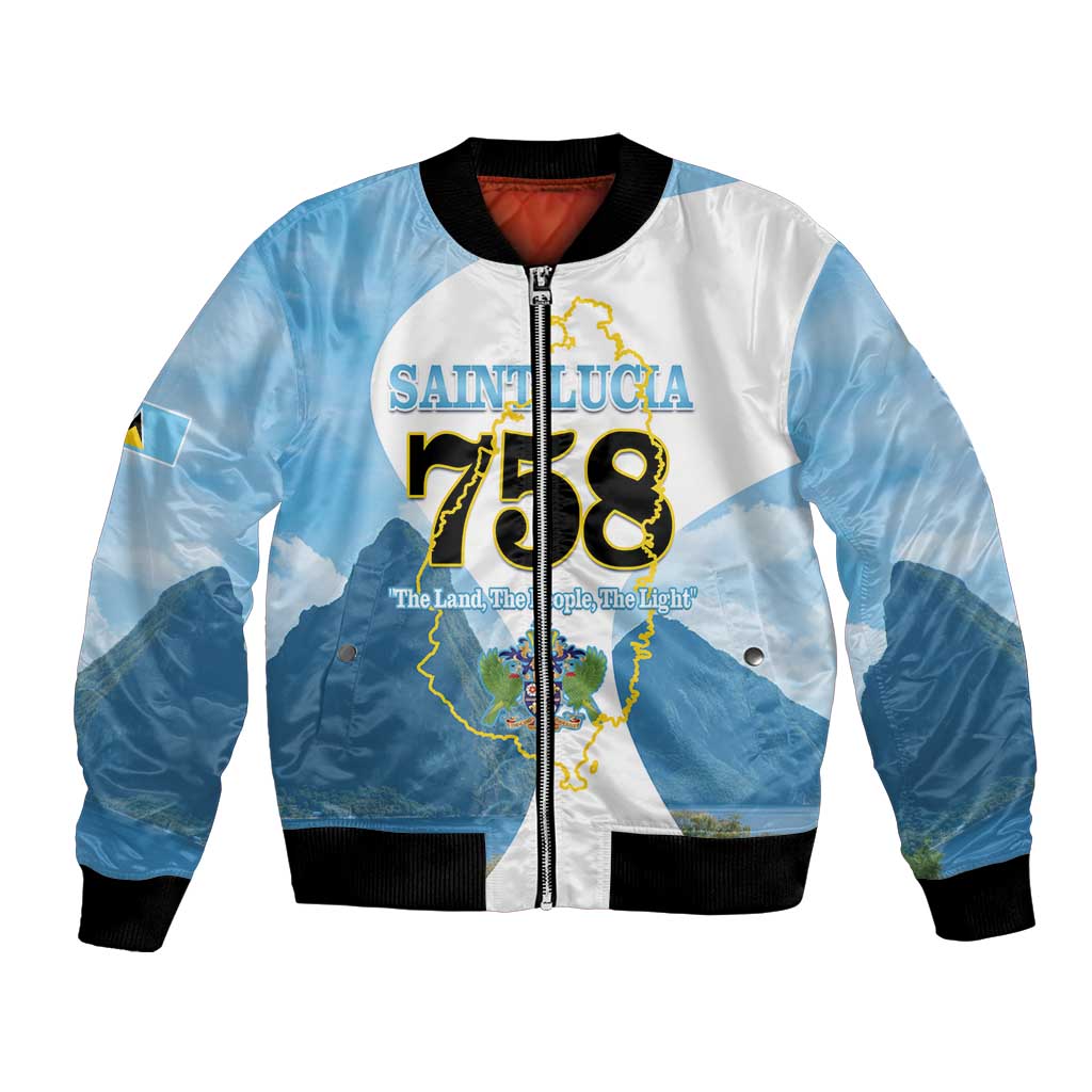 Unisex blue and white bomber jacket with front zipper and Saint Lucia graphic front