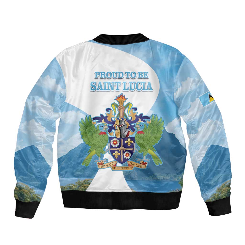 Unisex blue and white bomber jacket with ribbed hem and Saint Lucia crest back print
