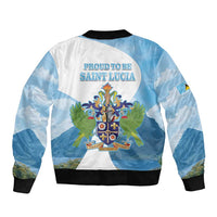 Unisex blue and white bomber jacket with ribbed hem and Saint Lucia crest back print