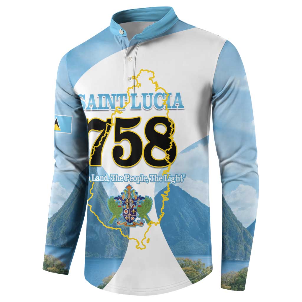 Light blue button sweatshirt with Saint Lucia 758 map graphic and 'Land, People, Light' text