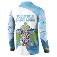 Light blue button sweatshirt with "Proud to be Saint Lucia" back print and crest graphic