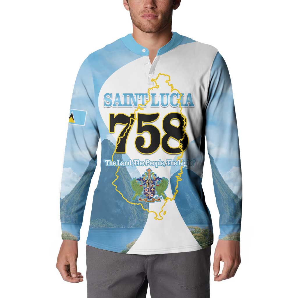Men's light blue button sweatshirt featuring Saint Lucia 758 map graphic on front