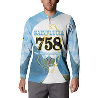 Men's light blue button sweatshirt featuring Saint Lucia 758 map graphic on front