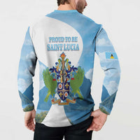 Men's light blue button sweatshirt with "Proud to be Saint Lucia" back crest graphic