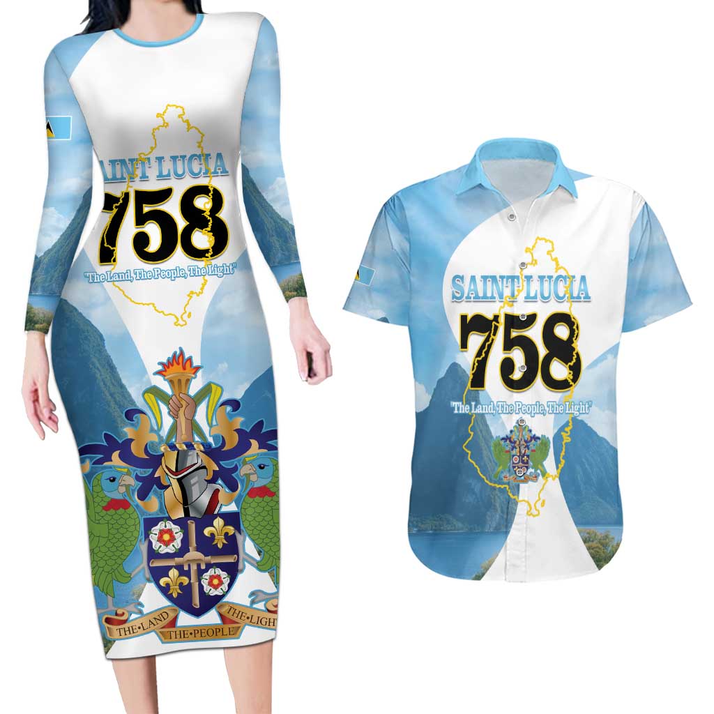 Proud To Be Saint Lucia 758 Couples Matching Long Sleeve Bodycon Dress and Hawaiian Shirt Pitons With Map - Wonder Print Shop