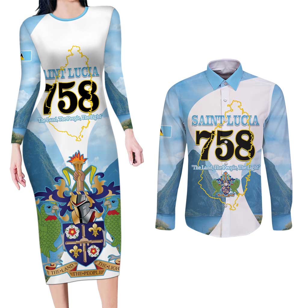 Proud To Be Saint Lucia 758 Couples Matching Long Sleeve Bodycon Dress and Long Sleeve Button Shirt Pitons With Map - Wonder Print Shop