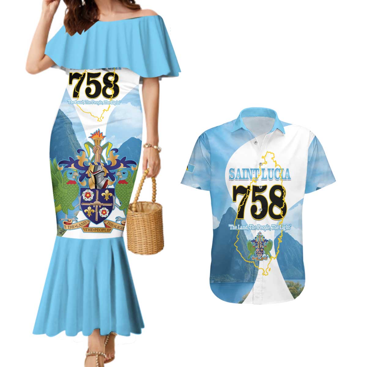 Proud To Be Saint Lucia 758 Couples Matching Mermaid Dress and Hawaiian Shirt Pitons With Map - Wonder Print Shop