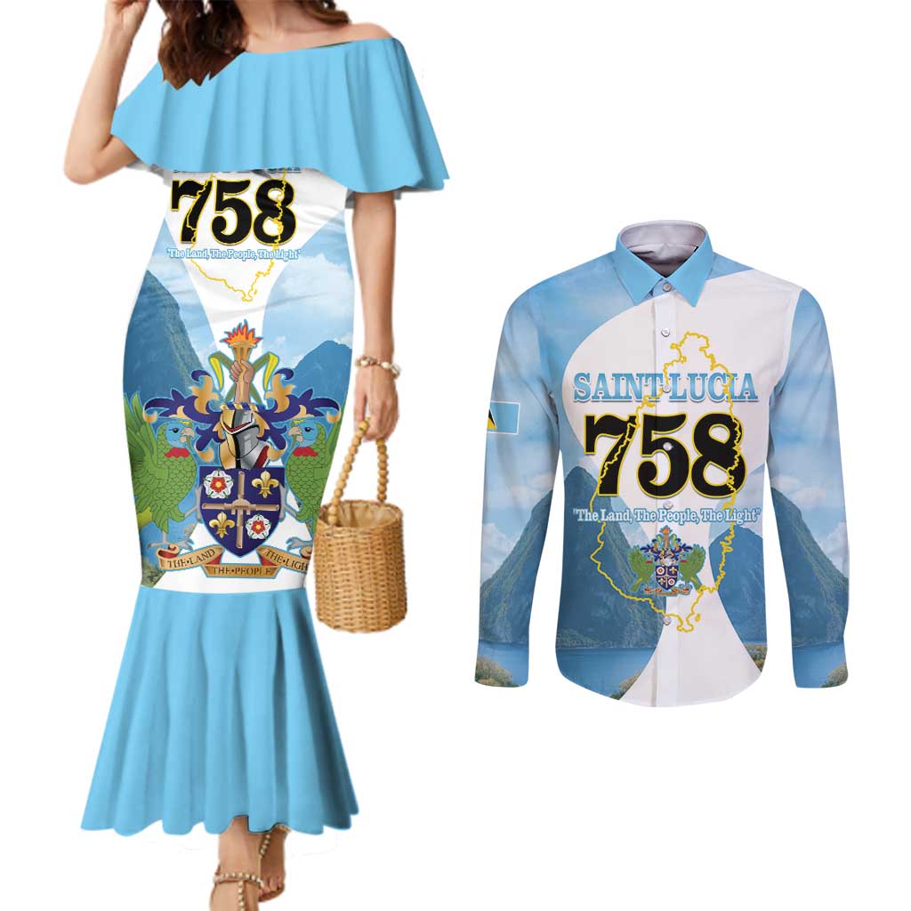 Proud To Be Saint Lucia 758 Couples Matching Mermaid Dress and Long Sleeve Button Shirt Pitons With Map