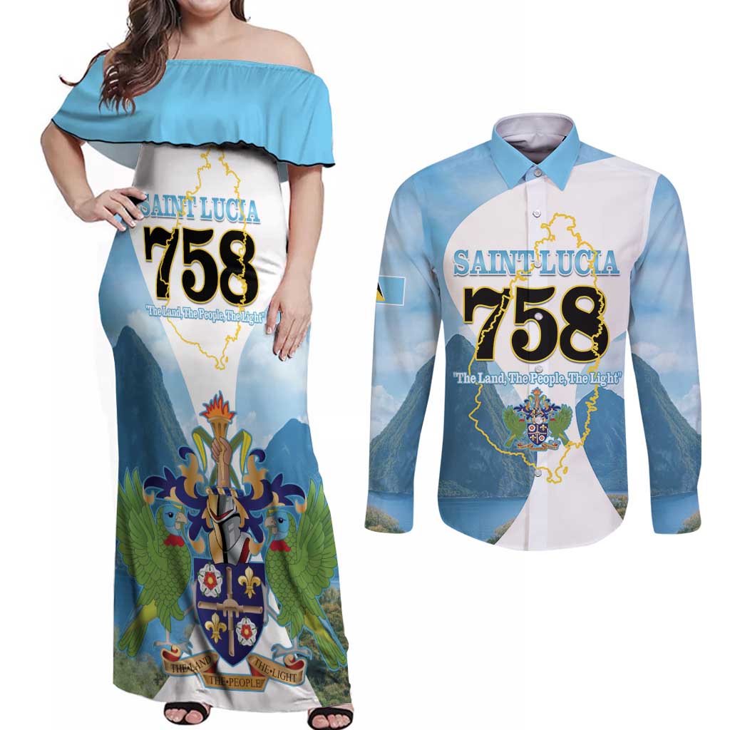 Proud To Be Saint Lucia 758 Couples Matching Off Shoulder Maxi Dress and Long Sleeve Button Shirt Pitons With Map - Wonder Print Shop