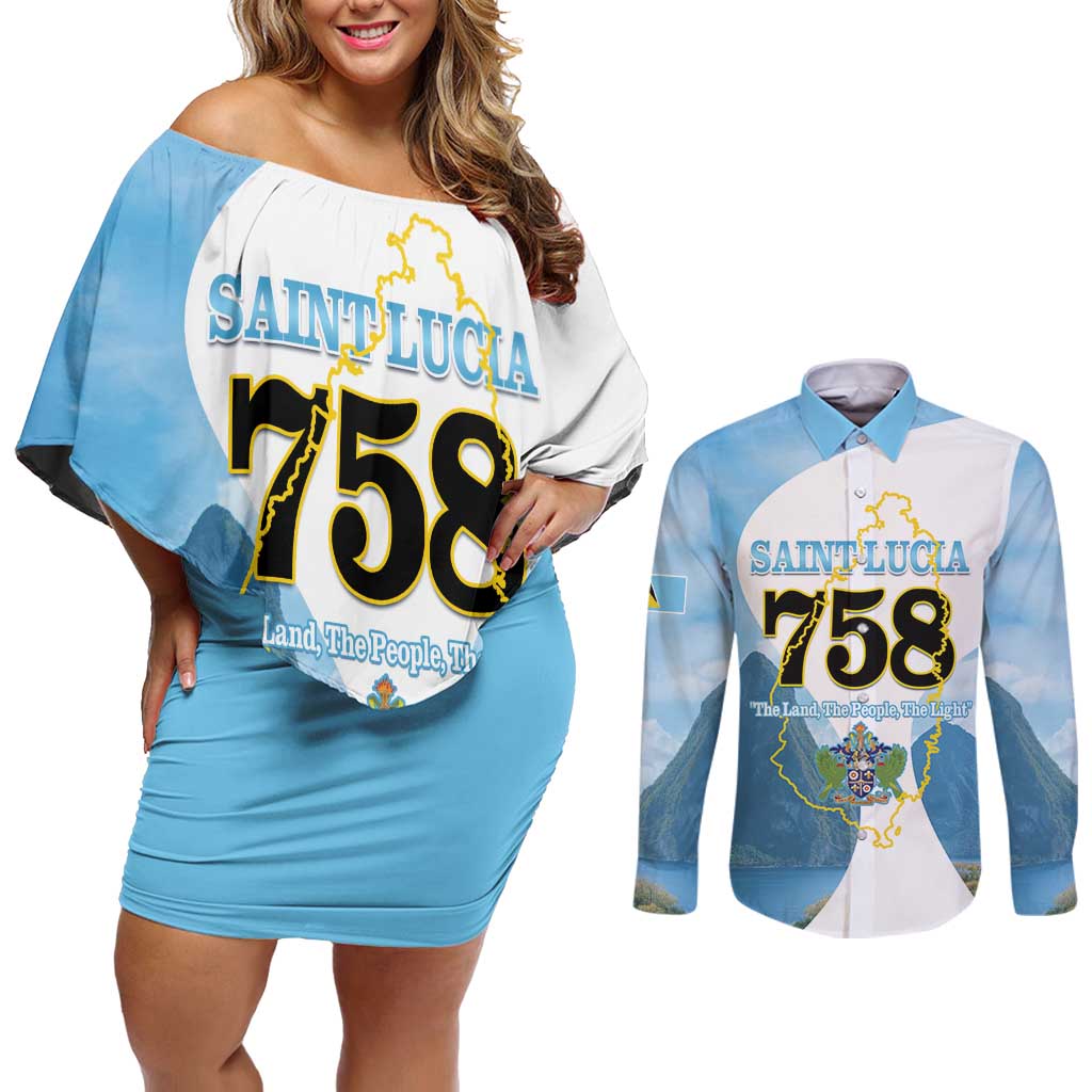 Proud To Be Saint Lucia 758 Couples Matching Off Shoulder Short Dress and Long Sleeve Button Shirt Pitons With Map - Wonder Print Shop