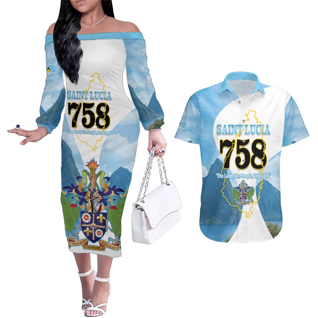 Proud To Be Saint Lucia 758 Couples Matching Off The Shoulder Long Sleeve Dress and Hawaiian Shirt Pitons With Map - Wonder Print Shop