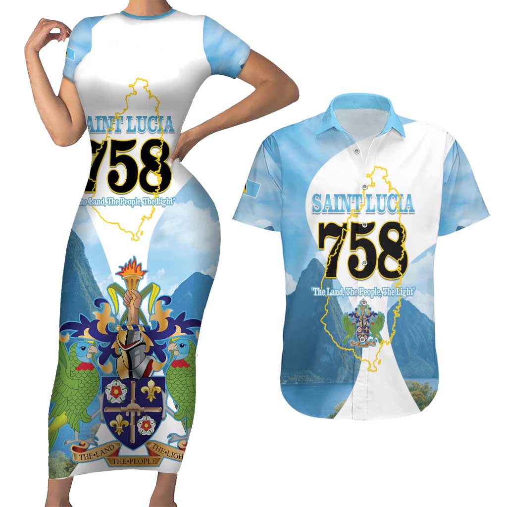 Proud To Be Saint Lucia 758 Couples Matching Short Sleeve Bodycon Dress and Hawaiian Shirt Pitons With Map - Wonder Print Shop